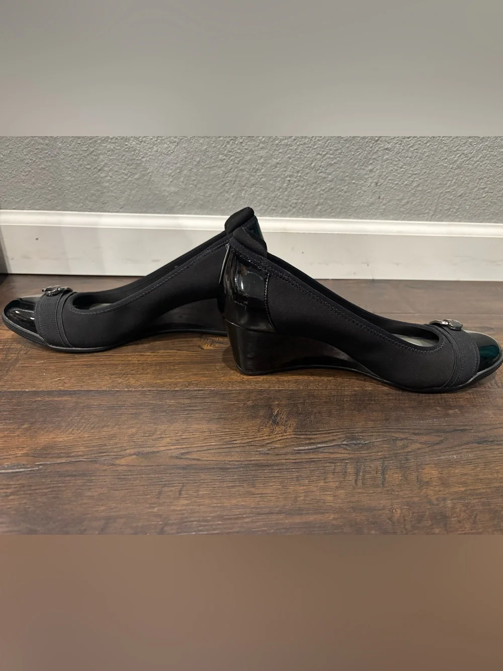 Anne Klein Sport Black Wedge Pumps with Patent Toe and Buckle